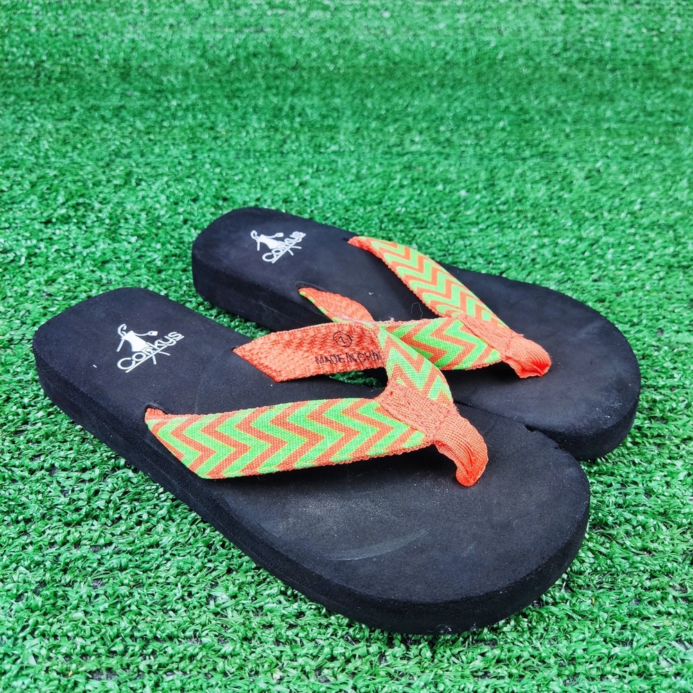 Corkys Flip Flop Kids Size 1 Black Orange Chevron Thong Sandal Summer Casual